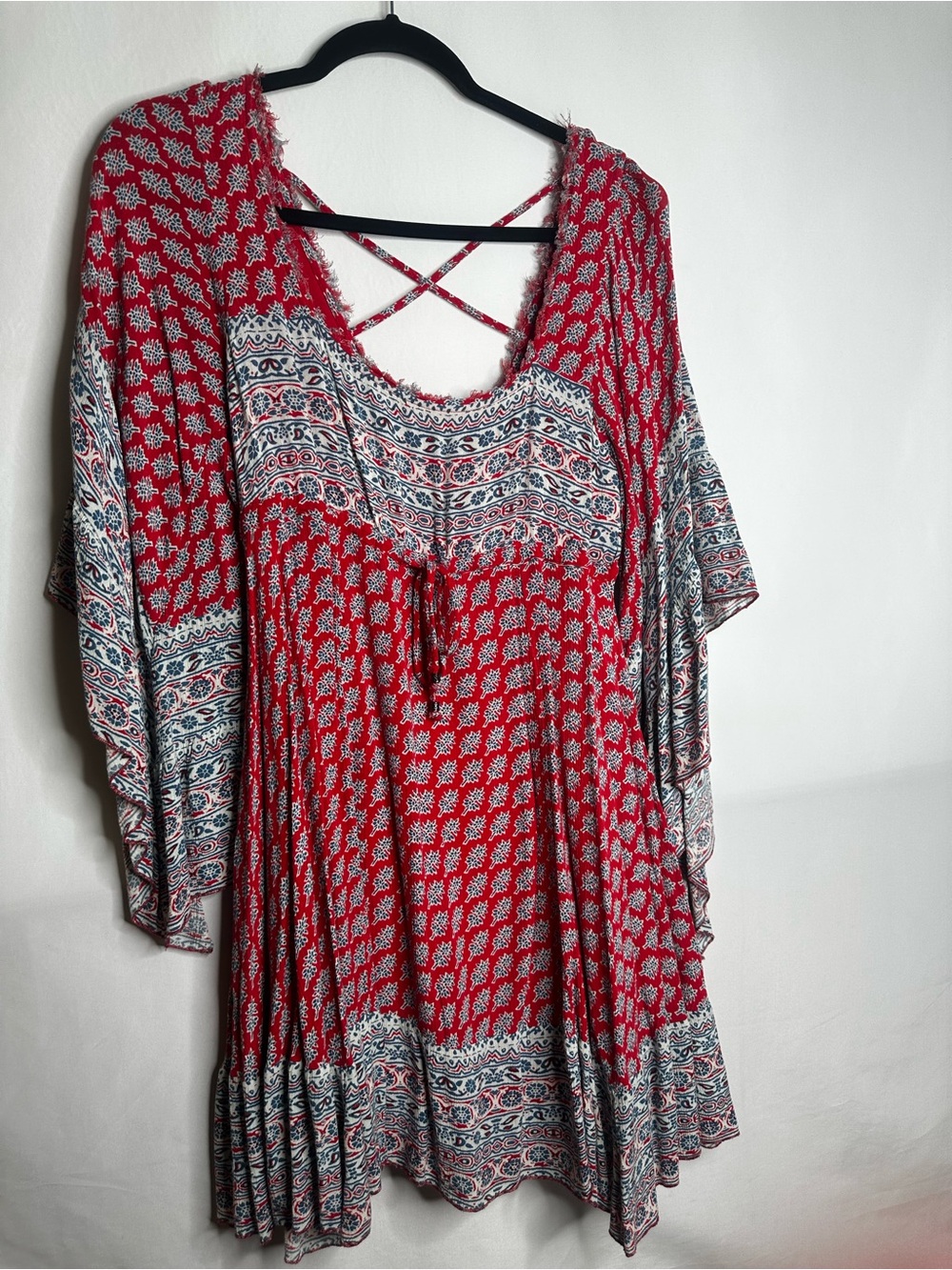 Free People Red and White Boho Printed Tunic with Crisscross Back Straps
